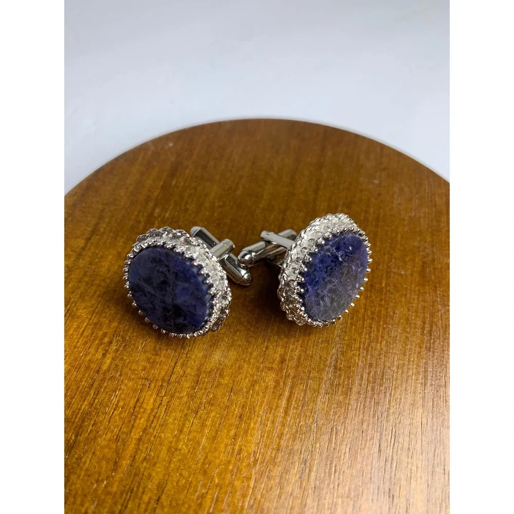 Vintage Dante Men's Sodalite‎ Cufflinks Silver Tone Round Blue Stone Formal Wear
